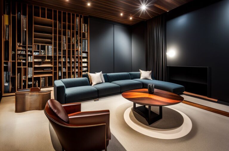 A cozy living room featuring a couch, coffee table, and bookshelves filled with books.