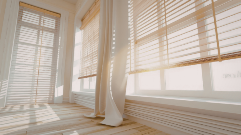 A bright room illuminated with natural light coming through open motorized blinds.